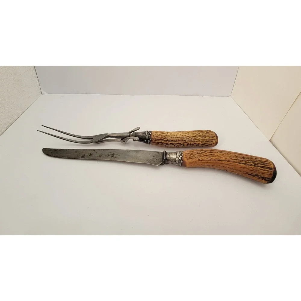 Antique Landers Frary Clark Stag Antler Carving Knife Fork Set Aetna Works